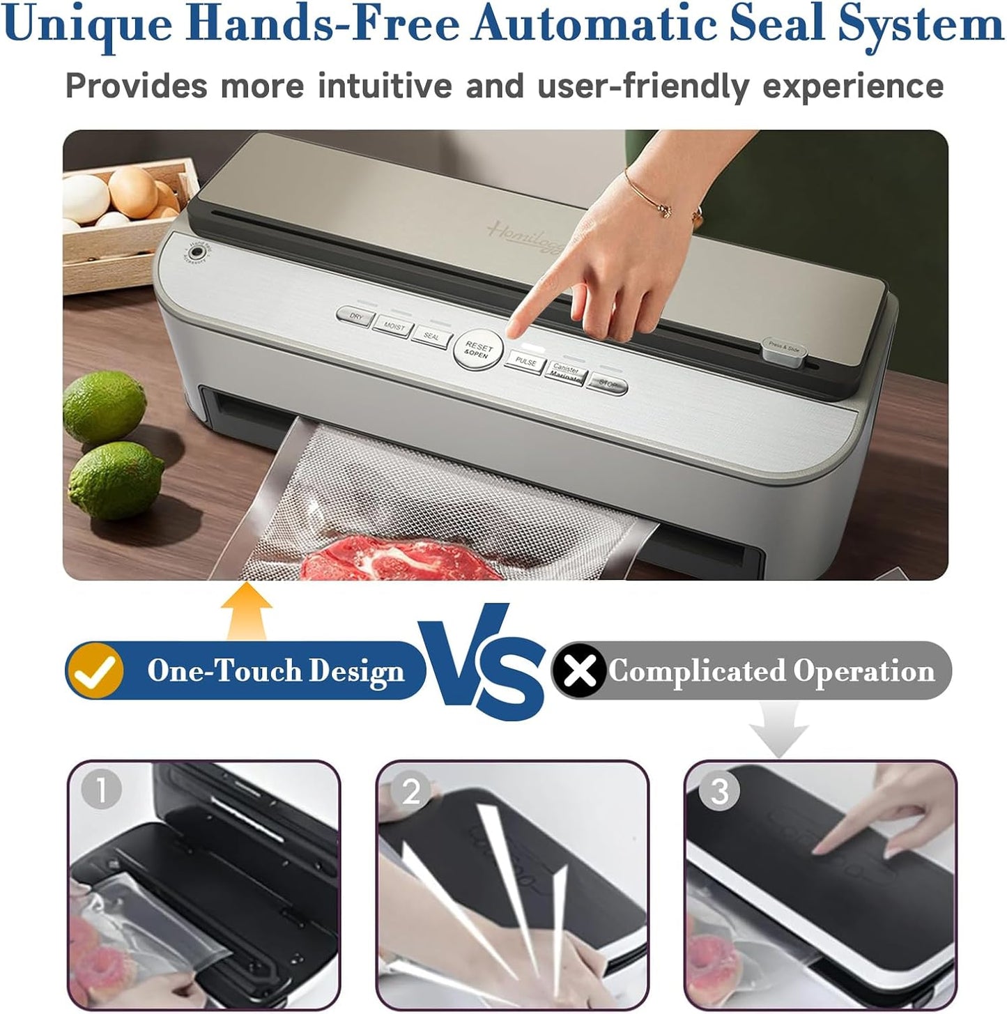Homiloggo 120W Powerful Automatic Food Vacuum Sealer Machine for Kitchen DEMO