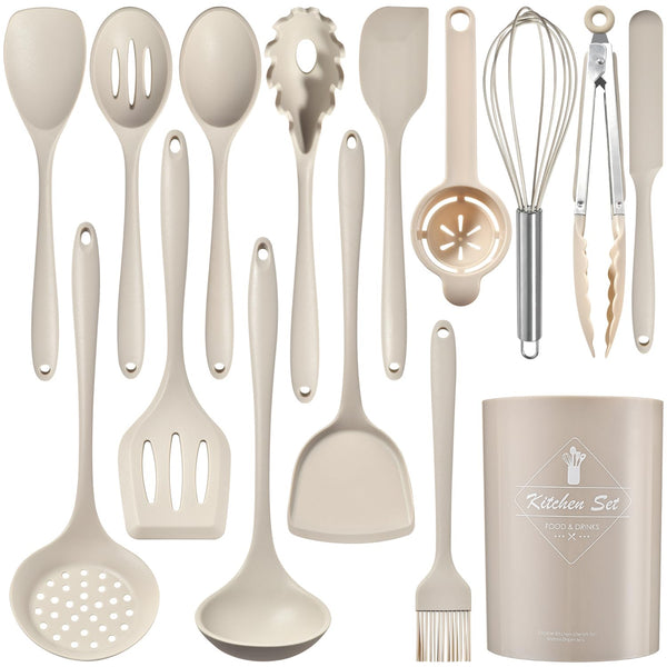 Sydroya 15Pcs Silicone Cooking Utensils Set Heat Resistant Spatulas Khaki NEW