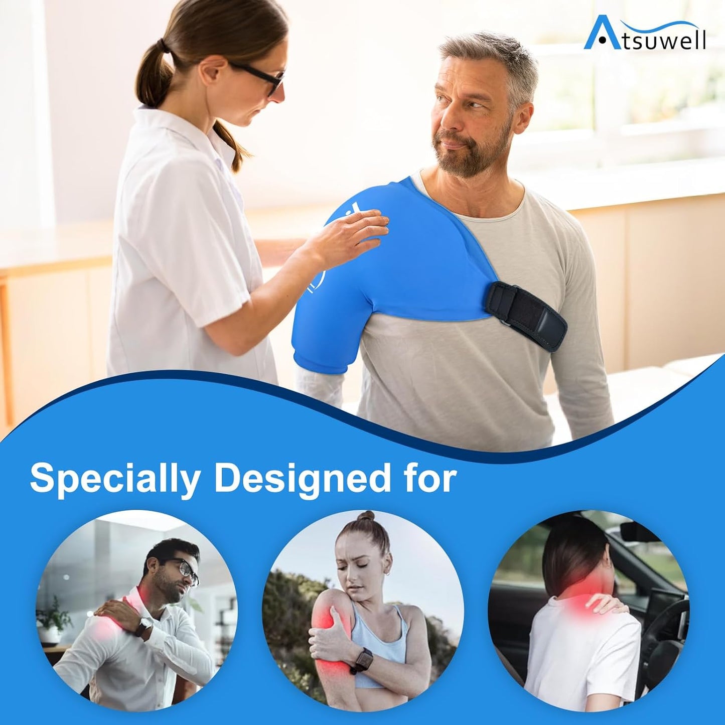 Atsuwell Extra Large Shoulder Ice Pack Wrap for Pain Relief in Blue Size NEW