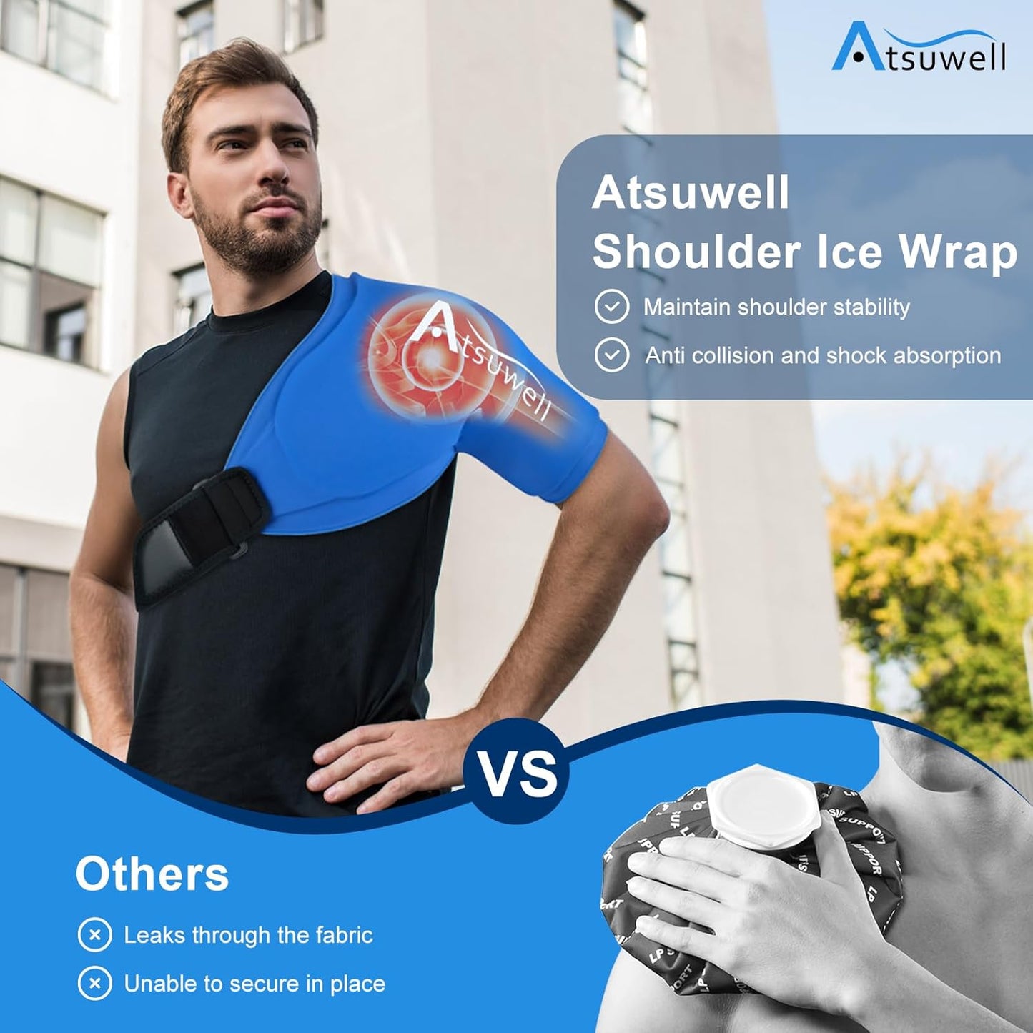 Atsuwell Extra Large Shoulder Ice Pack Wrap for Pain Relief in Blue Size NEW