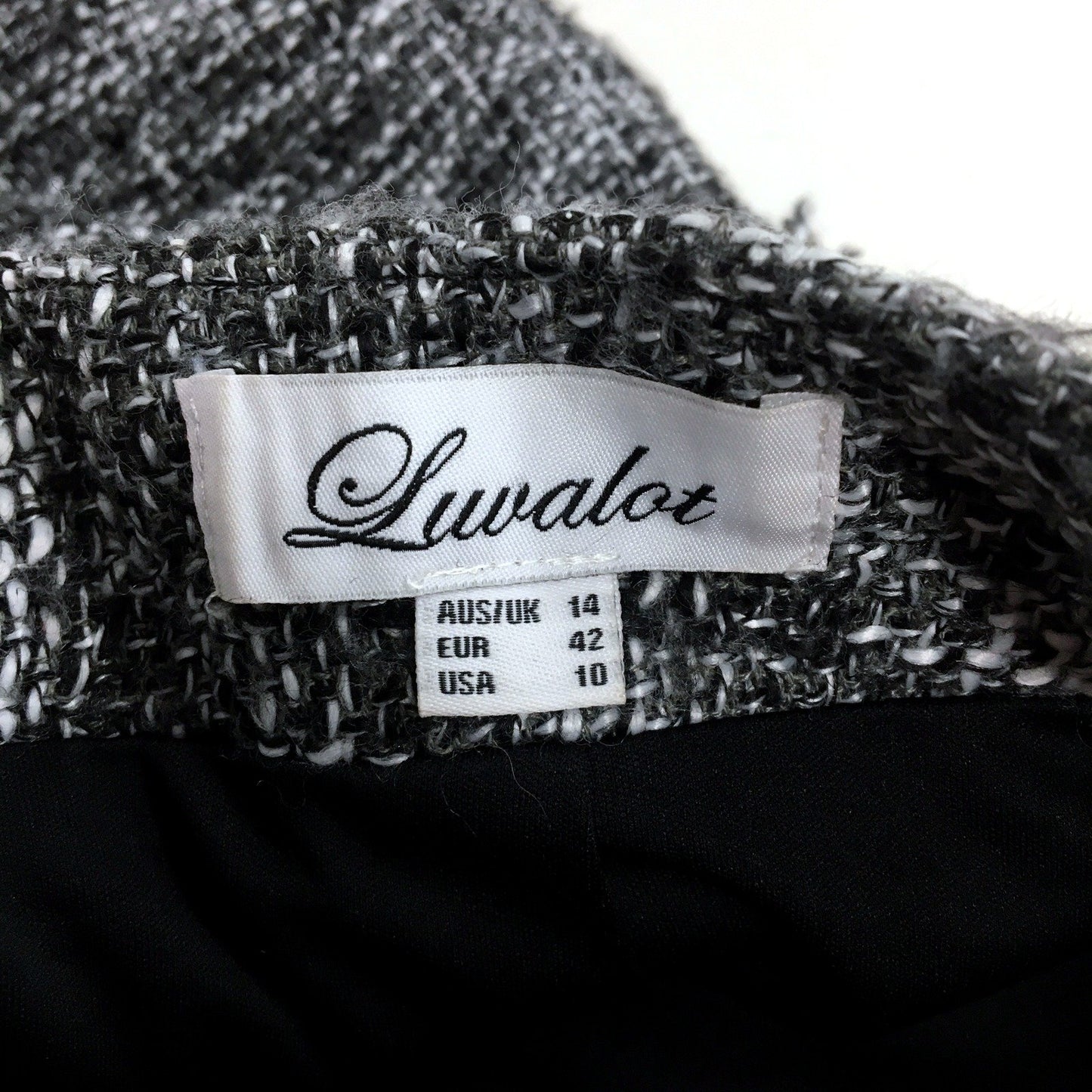 Luvalot Womens Tweed Skirt Black and White Frayed Hem Zipper Detail Size 14