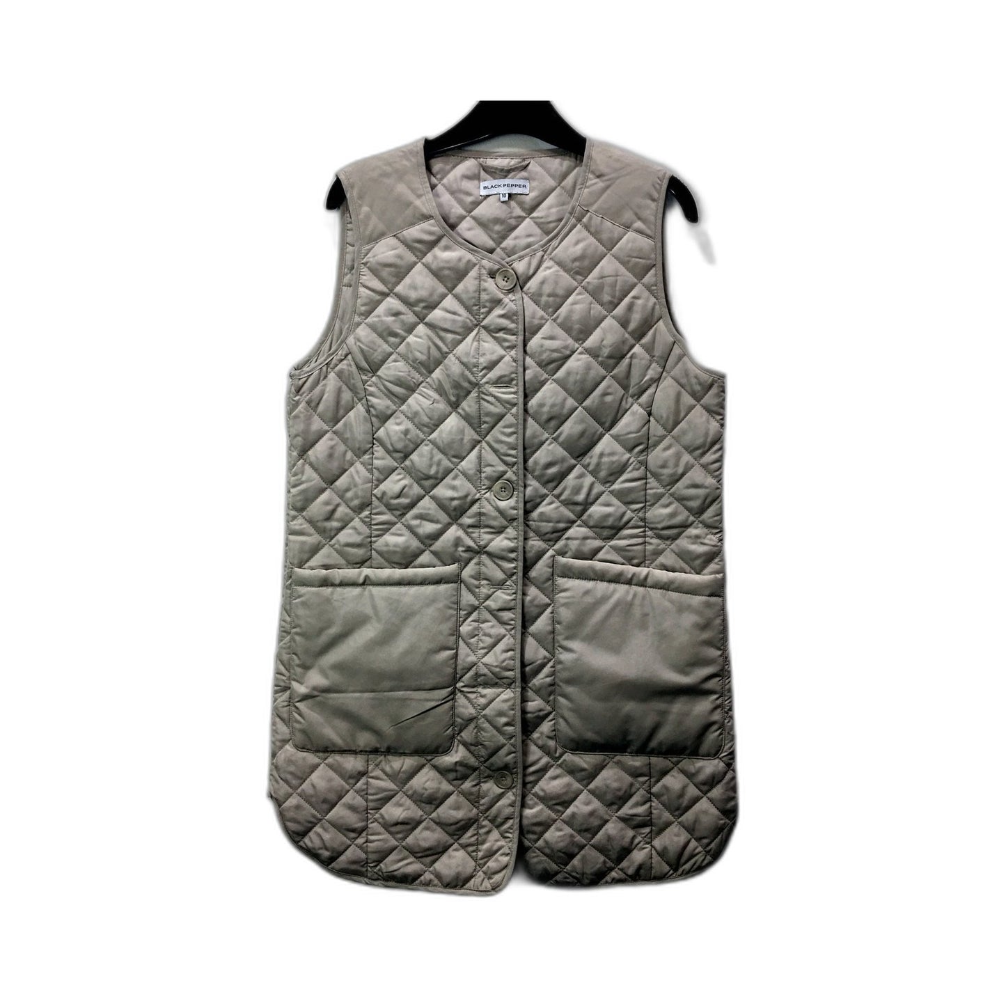 Womens Black Pepper Gray Quilted Vest in Recycled Polyester, Size 10 NEW