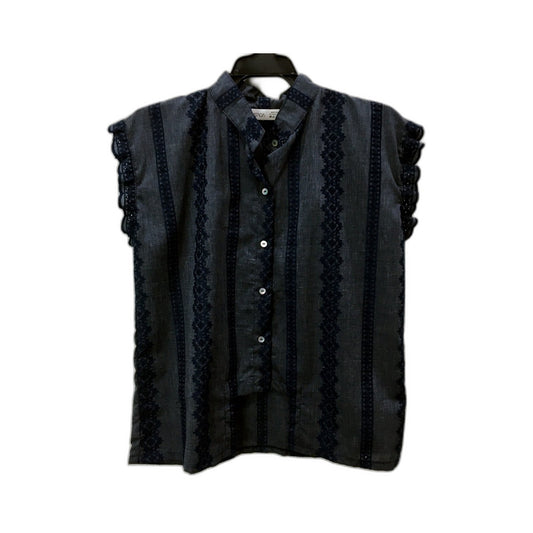 Decataca Womens Ruffled Sleeve Embroidered Blouse Navy Blue Size Medium