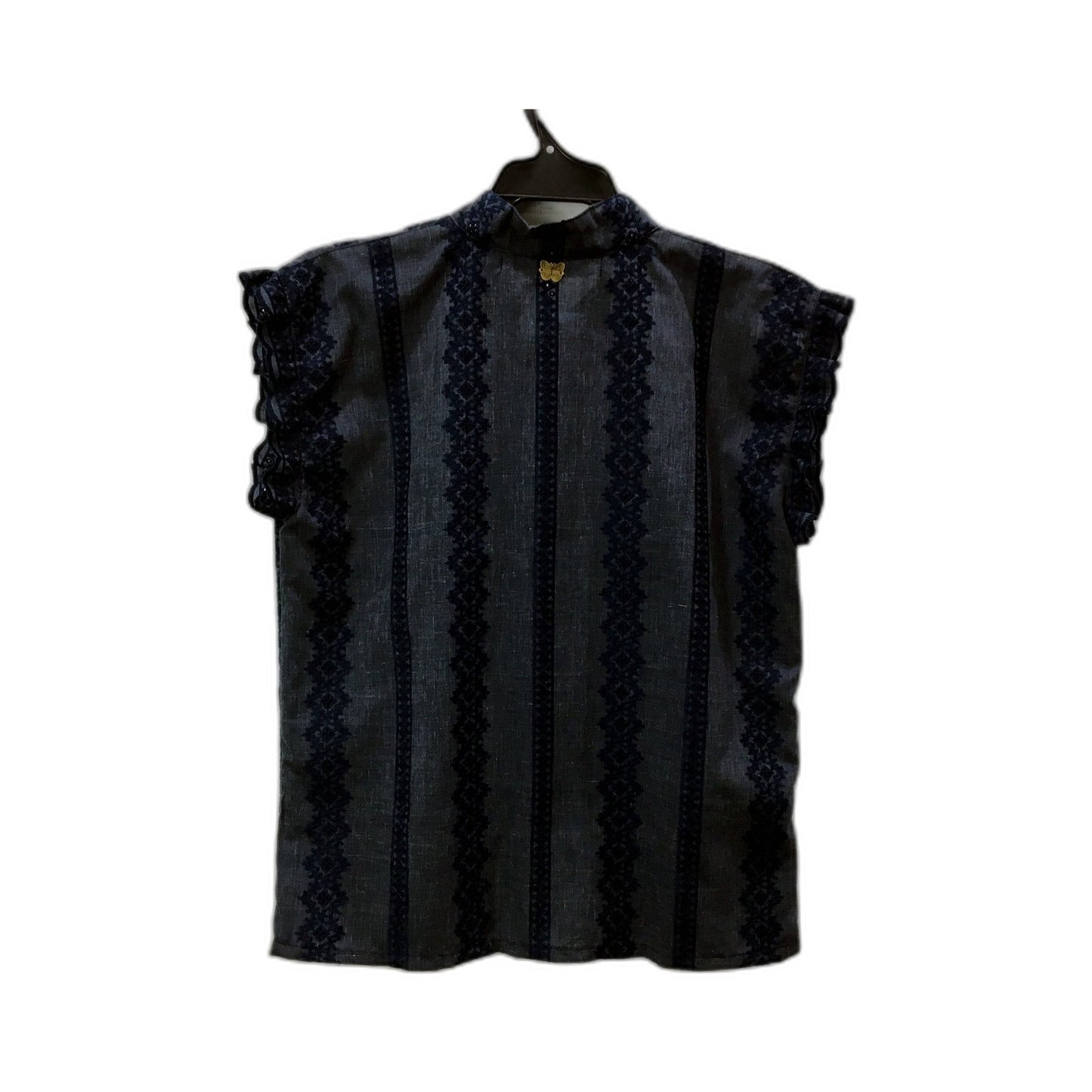 Decataca Womens Ruffled Sleeve Embroidered Blouse Navy Blue Size Medium