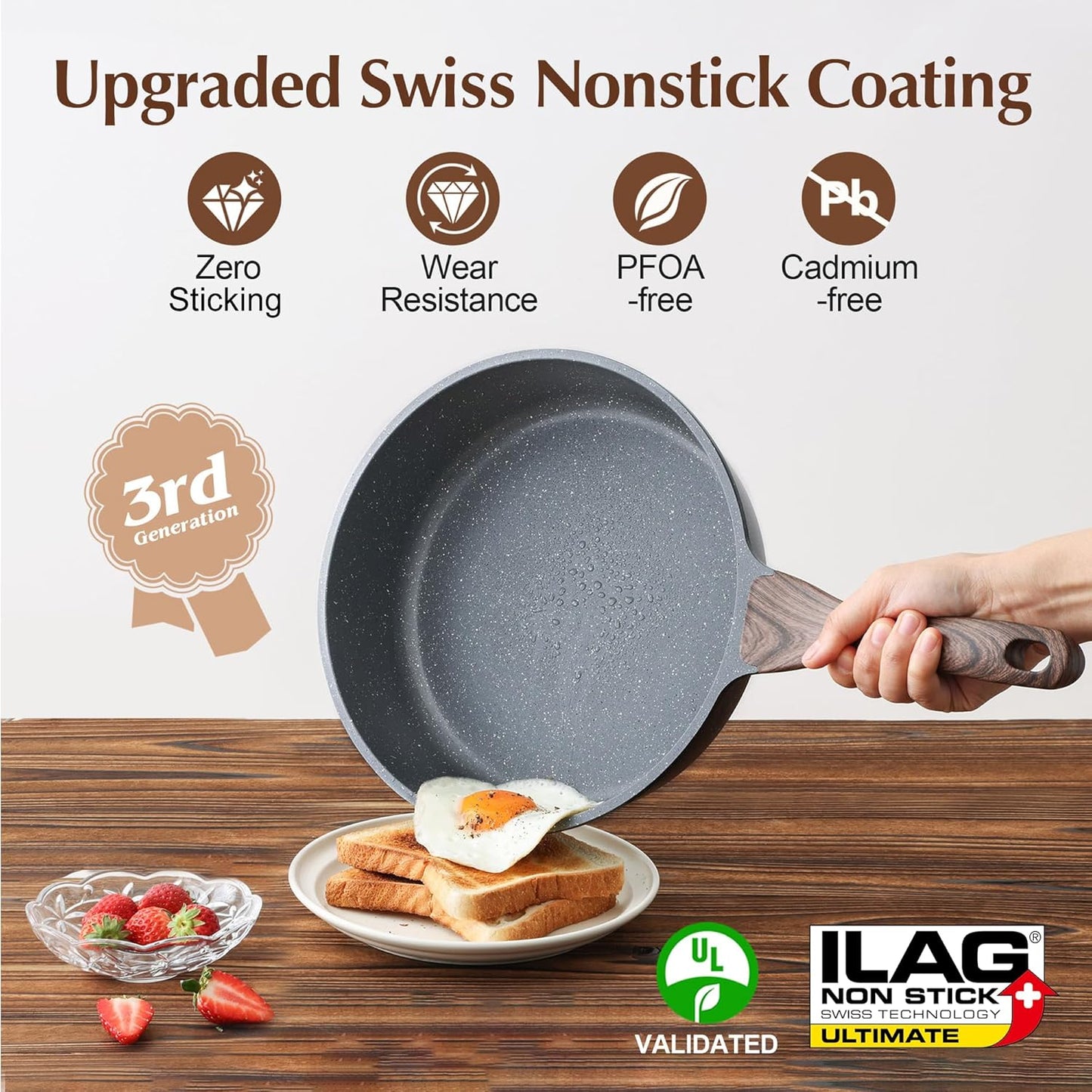 SENSARTE Nonstick Deep Frying Pan Skillet with Lid, Gray Saute Cookware Set NEW