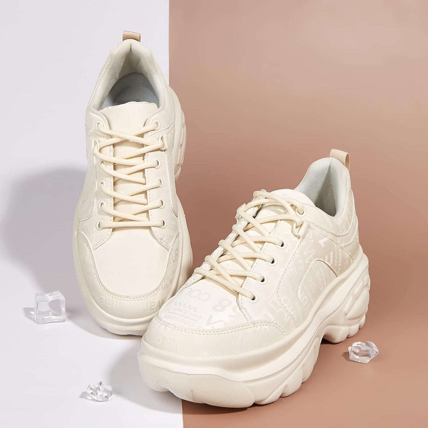 LUCKY STEP Chunky Platform Trainers Casual Lace-Up Walking Beige Ladies US10 NEW