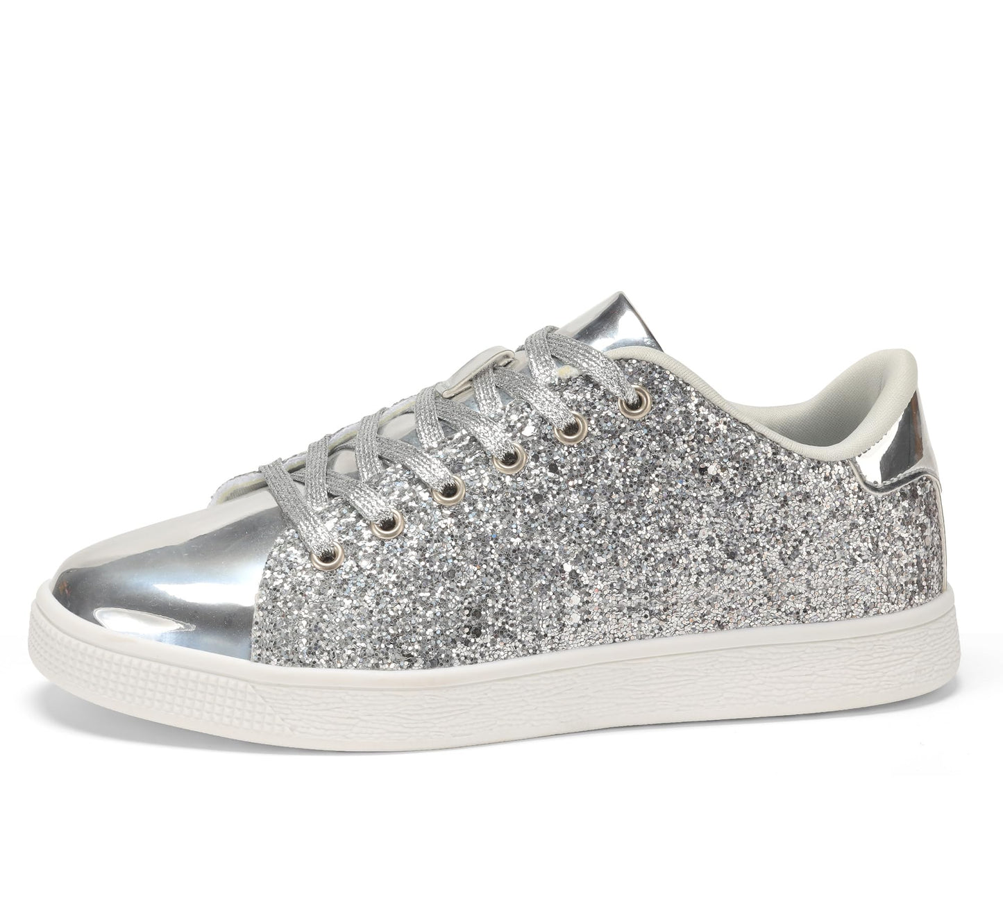 LUCKY STEP Glitter Lace-Up Fashion Trainers Sparkly Silver Shoes Women US 6 NEW