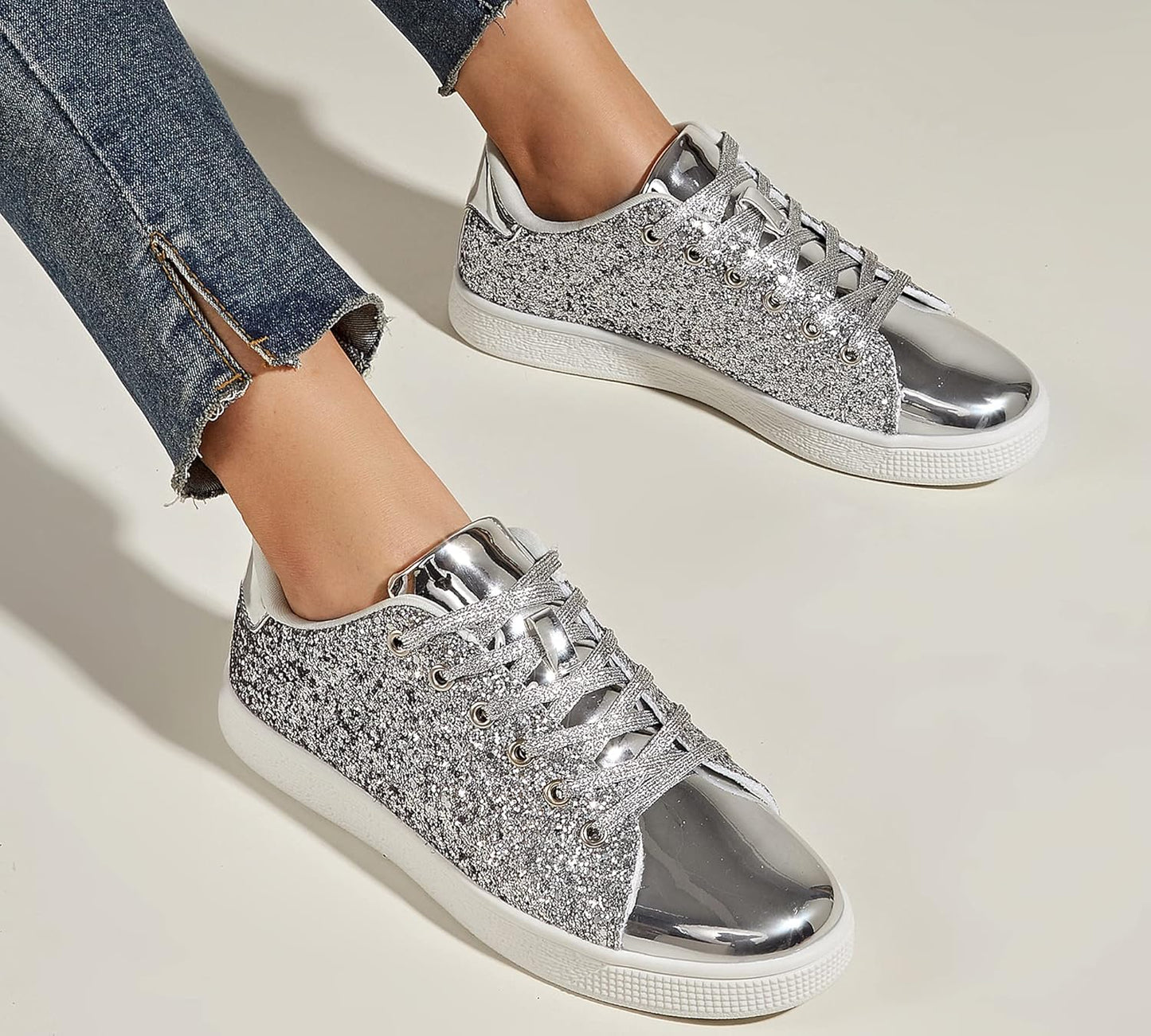 LUCKY STEP Glitter Lace-Up Fashion Trainers Sparkly Silver Shoes Women US 6 NEW