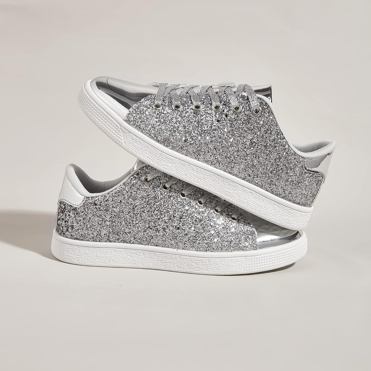 LUCKY STEP Glitter Lace-Up Fashion Trainers Sparkly Silver Shoes Women US 6 NEW