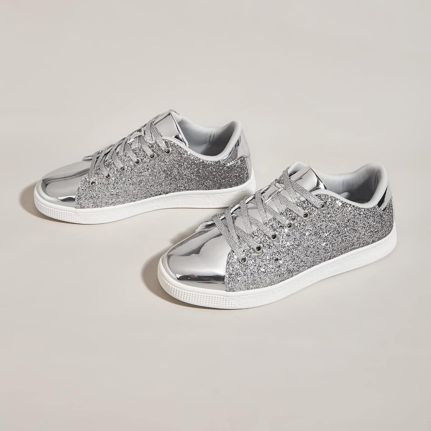 LUCKY STEP Glitter Lace-Up Fashion Trainers Sparkly Silver Shoes Women US 6 NEW