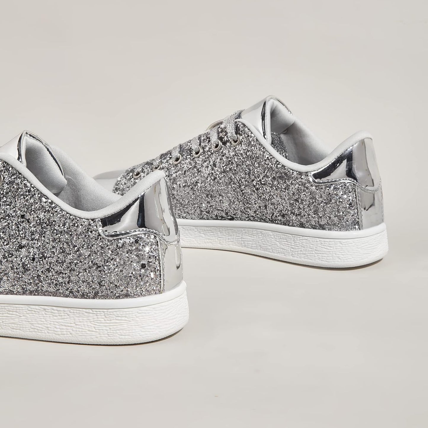 LUCKY STEP Glitter Lace-Up Fashion Trainers Sparkly Silver Shoes Women US 6 NEW