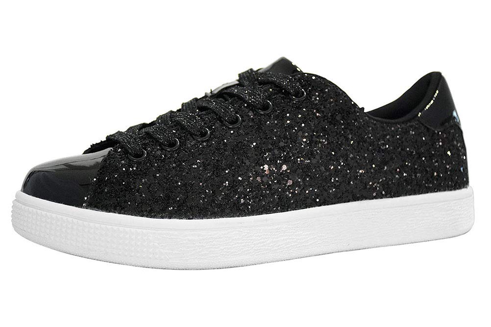 LUCKY STEP Glitter Lace-Up Trainers Sparkly Shoes Women Black Sneakers US 7 NEW