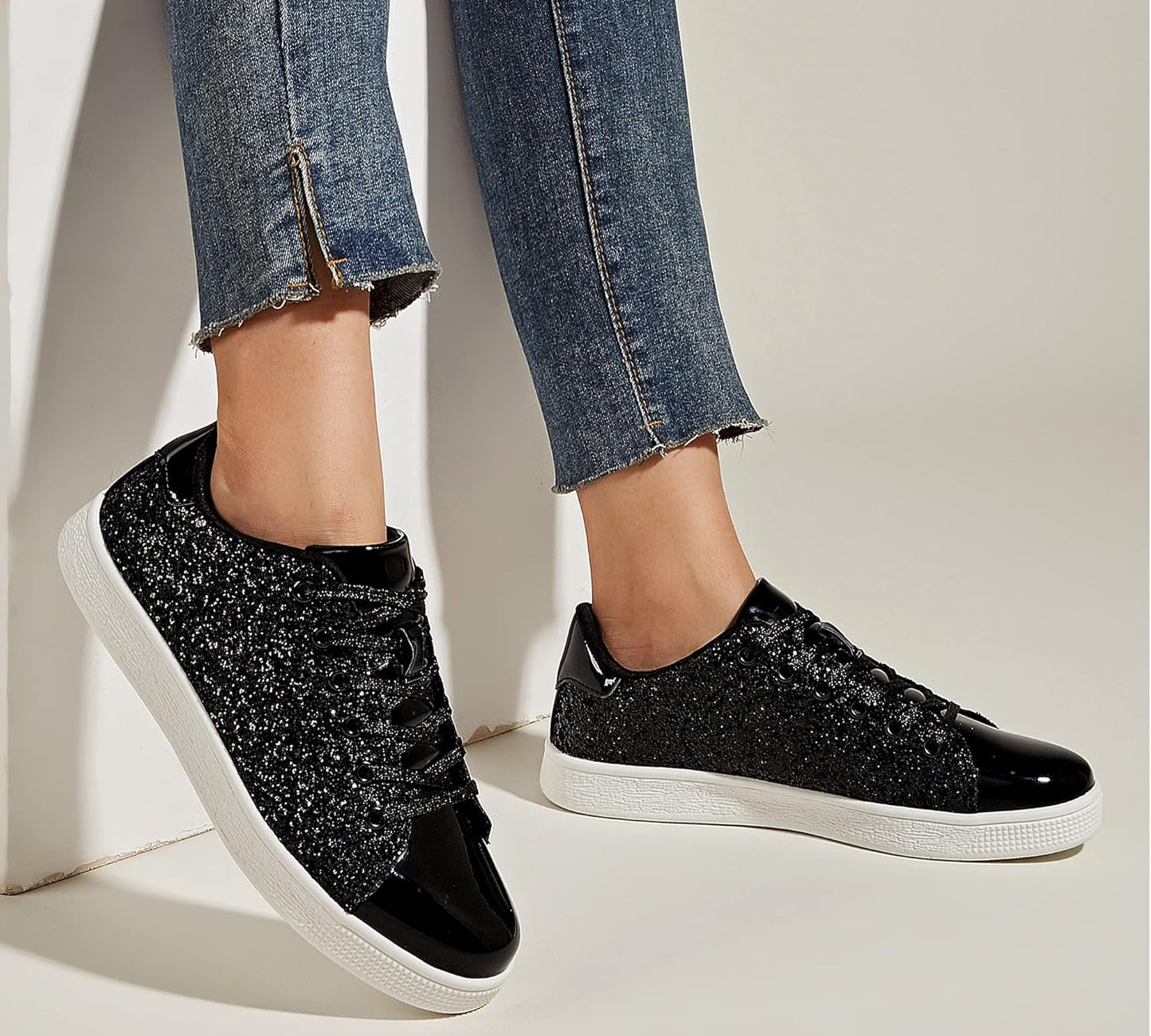 LUCKY STEP Glitter Lace-Up Trainers Sparkly Shoes Women Black Sneakers US 7 NEW