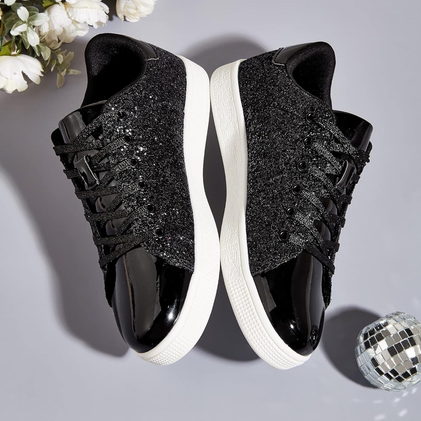 LUCKY STEP Glitter Lace-Up Trainers Sparkly Shoes Women Black Sneakers US 7 NEW