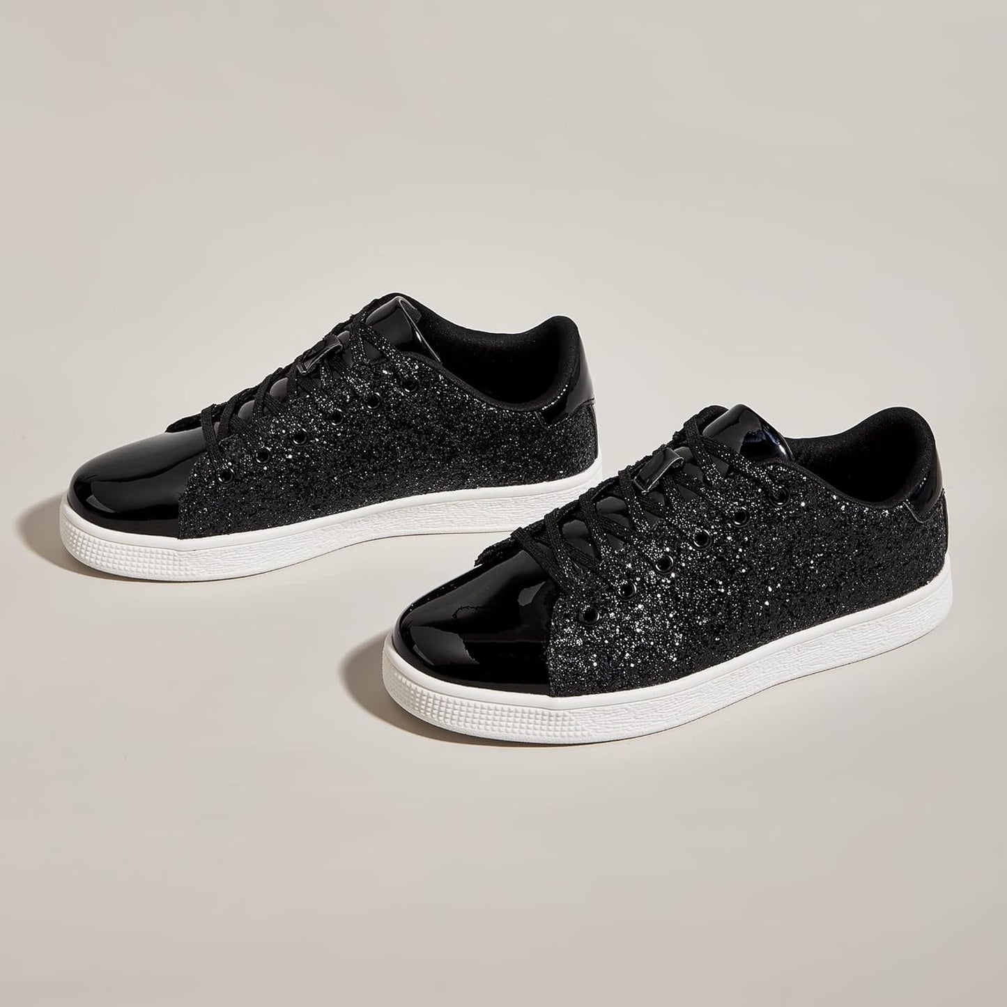 LUCKY STEP Glitter Lace-Up Trainers Sparkly Shoes Women Black Sneakers US 7 NEW