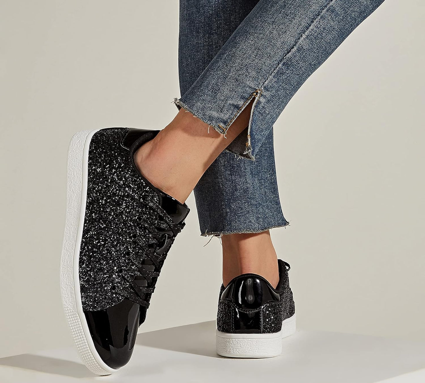 LUCKY STEP Glitter Lace-Up Trainers Sparkly Shoes Women Black Sneakers US 7 NEW