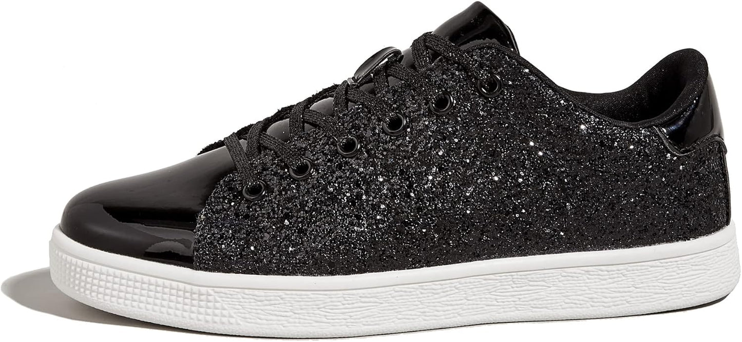 LUCKY STEP Glitter Lace-Up Trainers Sparkly Shoes Women Black Sneakers US 7 NEW