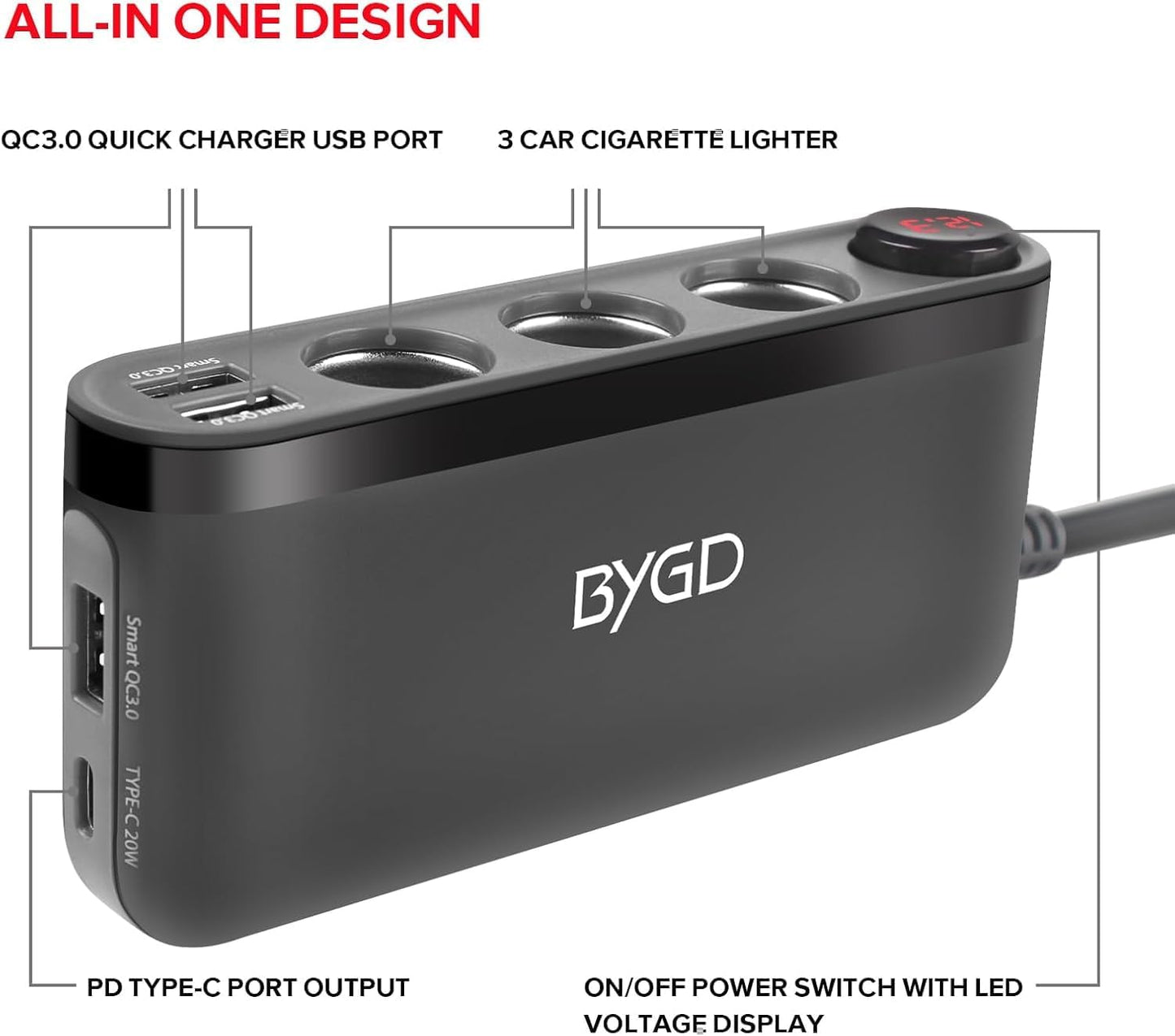 BYGD 20W High Power Car Cigarette Lighter Adapter Charger, Black NEW