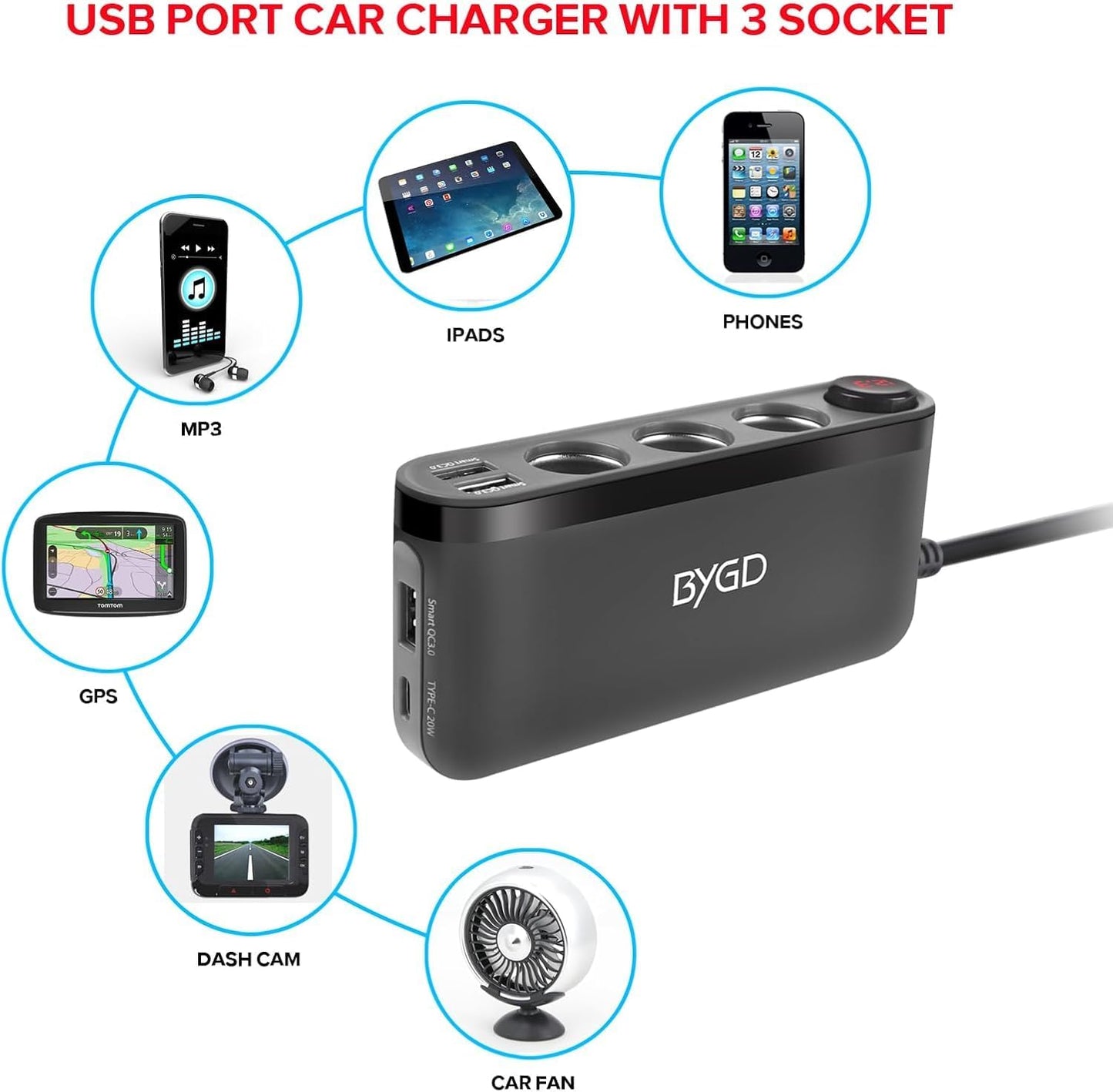 BYGD 20W High Power Car Cigarette Lighter Adapter Charger, Black NEW
