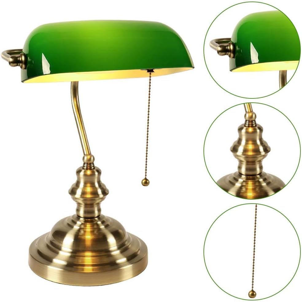 CANVASLIV Vintage Glass Desk Lamp with Green and Gold Shade - Decorative DEMO