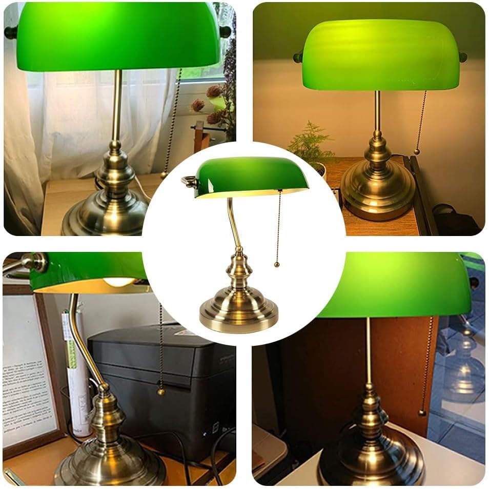 CANVASLIV Vintage Glass Desk Lamp with Green and Gold Shade - Decorative DEMO