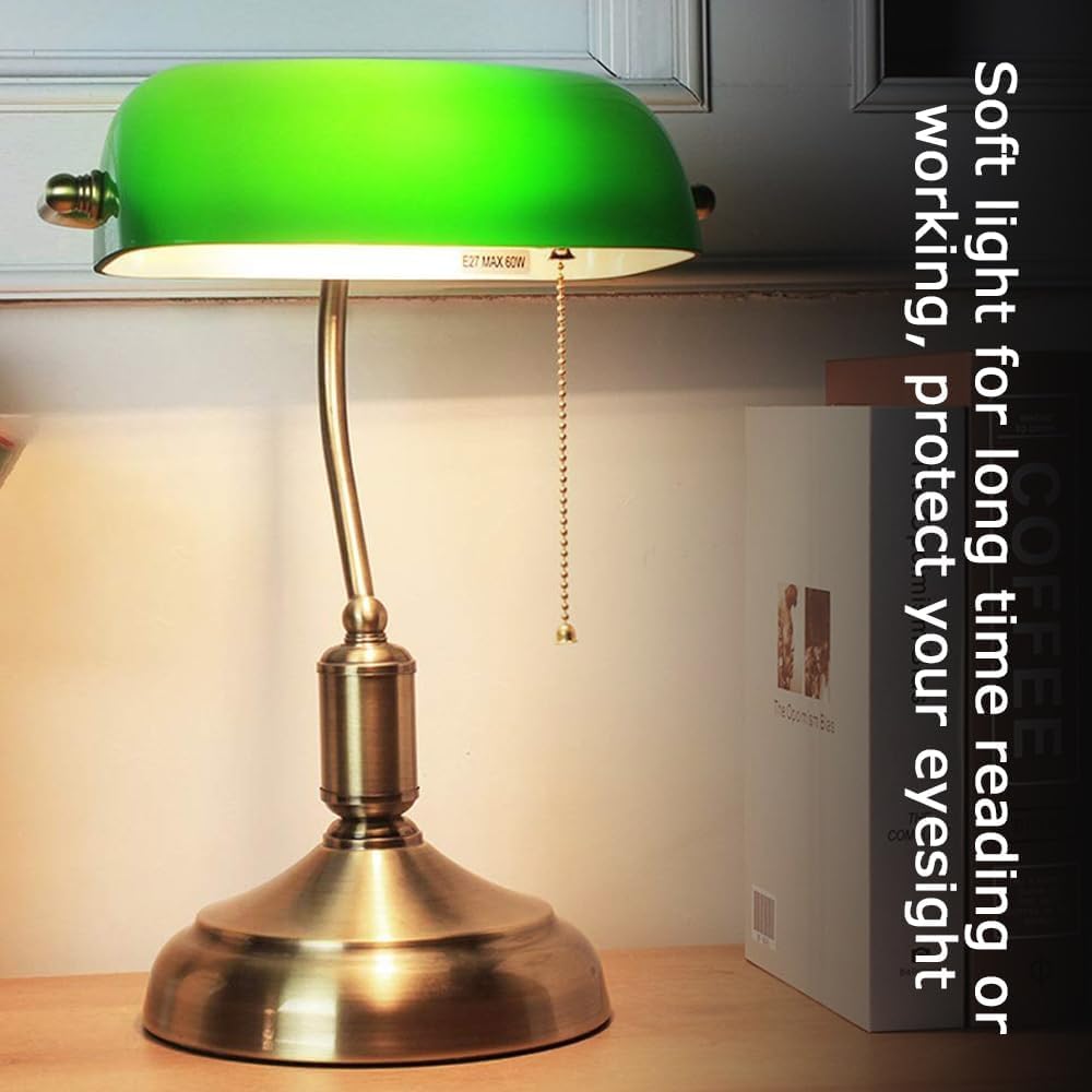 CANVASLIV Vintage Glass Desk Lamp with Green and Gold Shade - Decorative DEMO
