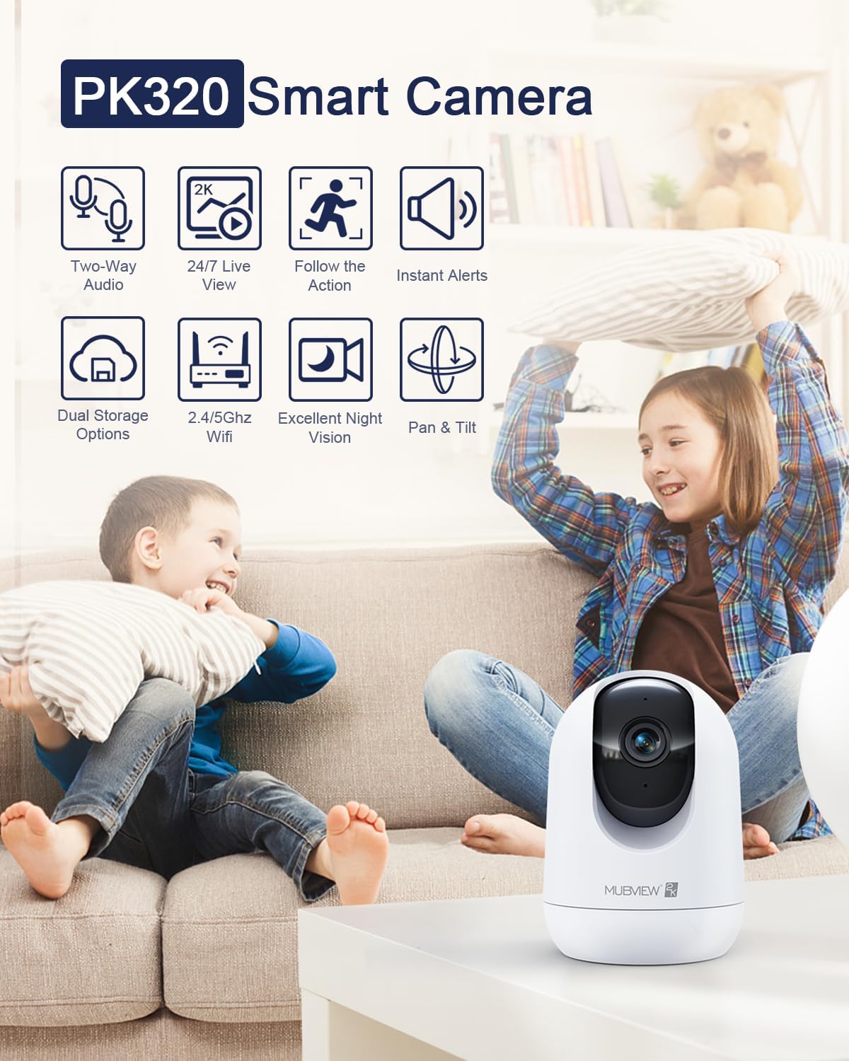 MUBVIEW 2K Indoor Wired Security Camera 2-Pack, White Video Monitors, DEMO