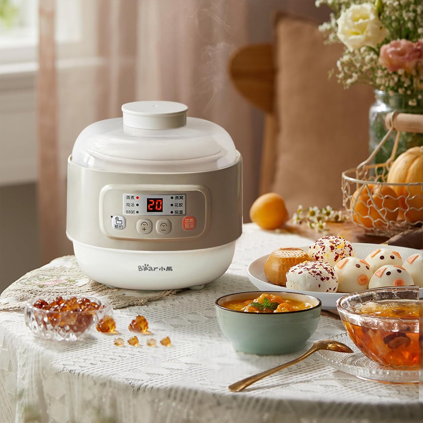 TECHBEAR 0.8L Mini Ceramic Slow Cooker with 6 Smart Menus, Almond, Compact DEMO