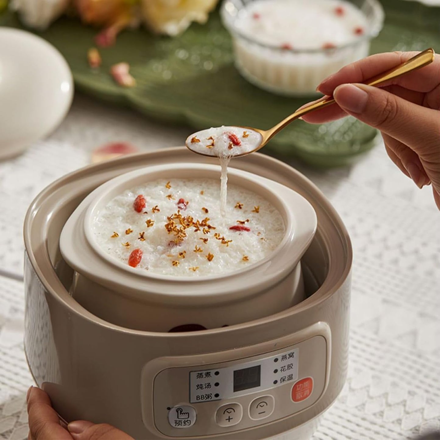 TECHBEAR 0.8L Mini Ceramic Slow Cooker with 6 Smart Menus, Almond, Compact DEMO
