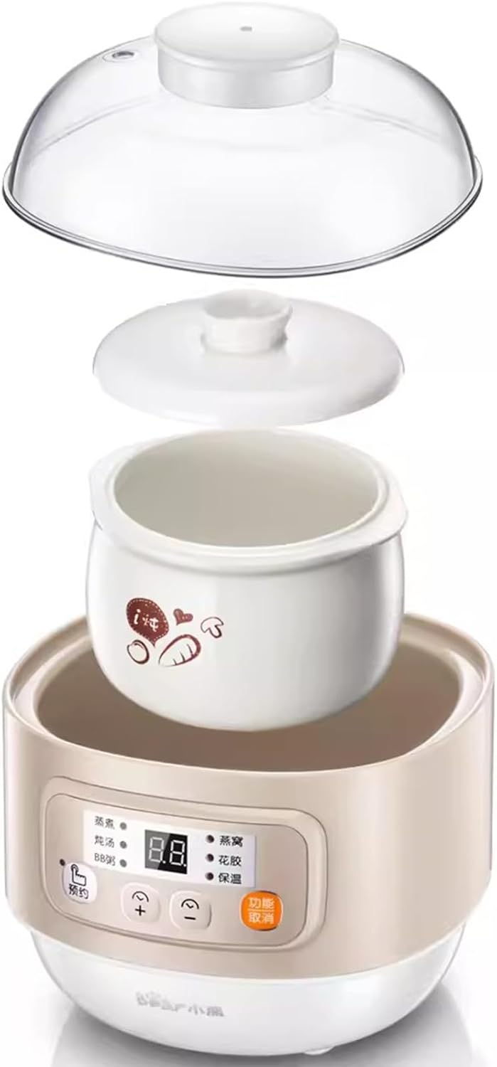 TECHBEAR 0.8L Mini Ceramic Slow Cooker with 6 Smart Menus, Almond, Compact DEMO