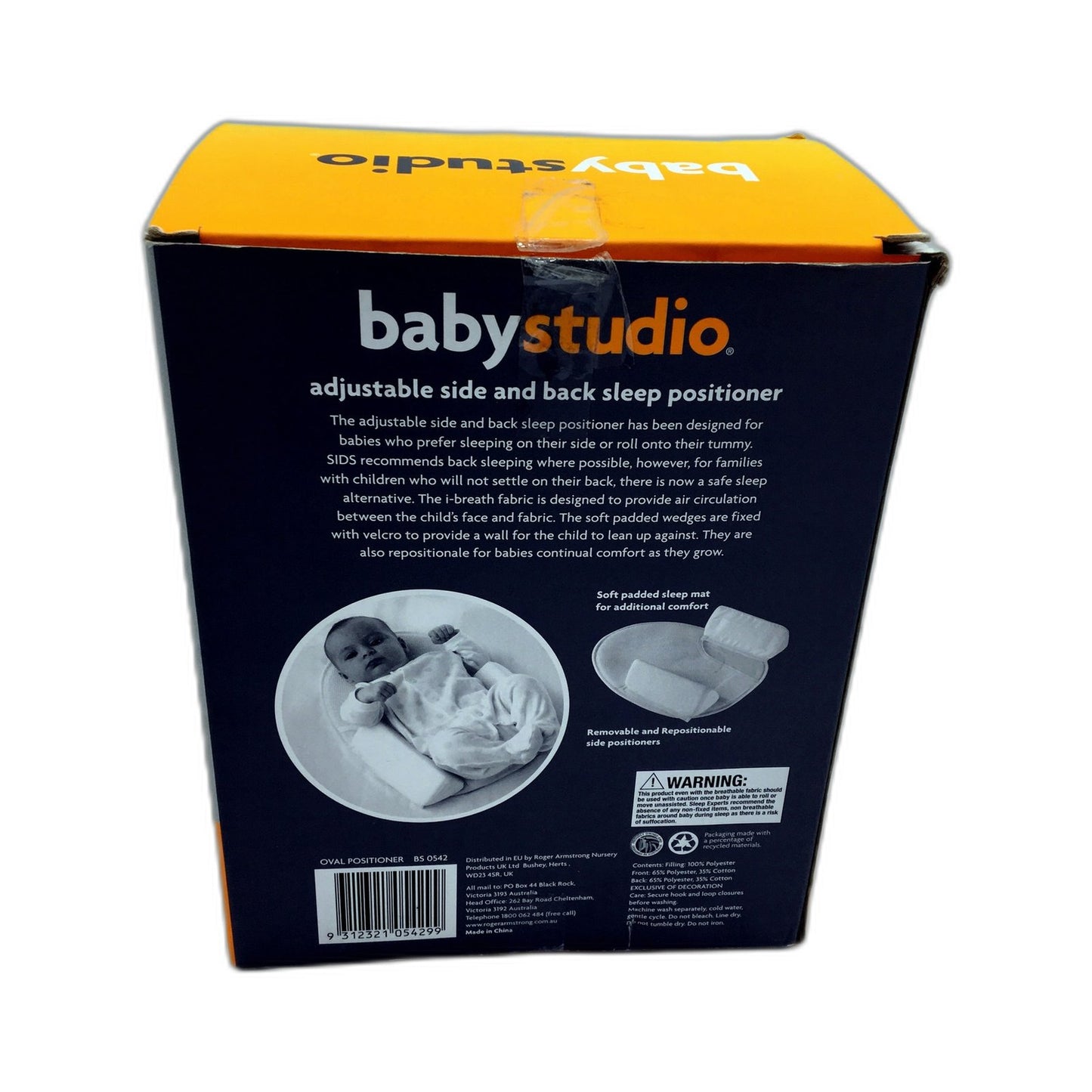 Baby Studio Unisex Adjustable Side and Back Sleep Positioner White NEW