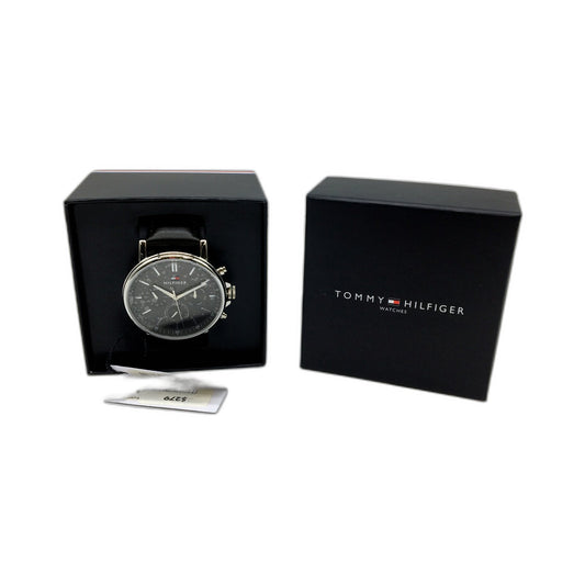 Tommy Hilfiger Mens Chronograph Wrist Watch with Black Leather Strap In Box NEW