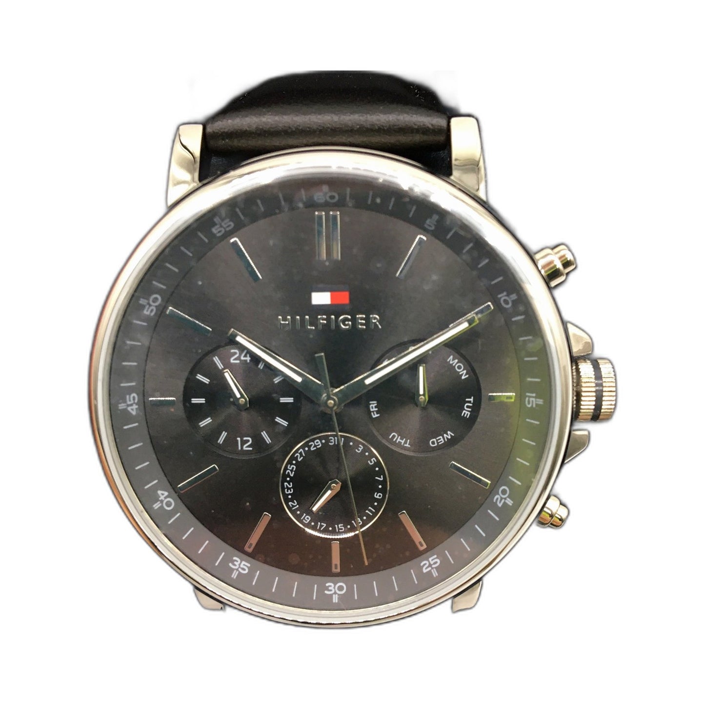 Tommy Hilfiger Mens Chronograph Wrist Watch with Black Leather Strap In Box NEW