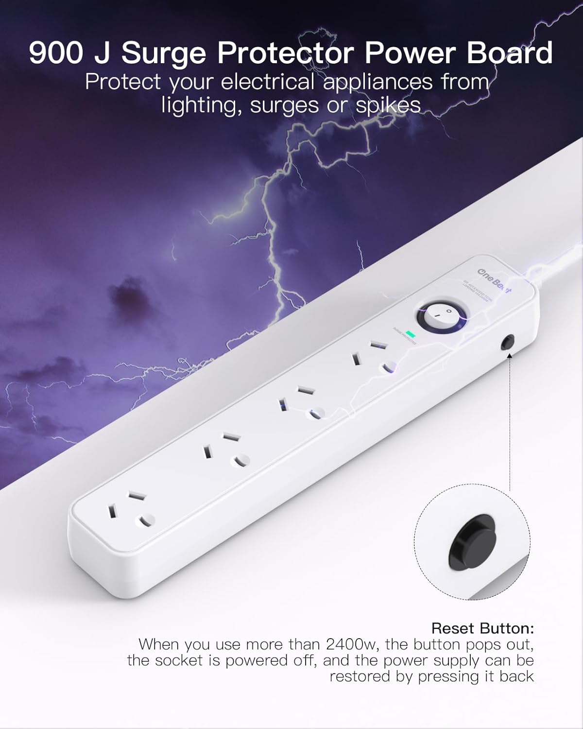One Beat White Power Strip with Surge Protection and Single Switch NEW