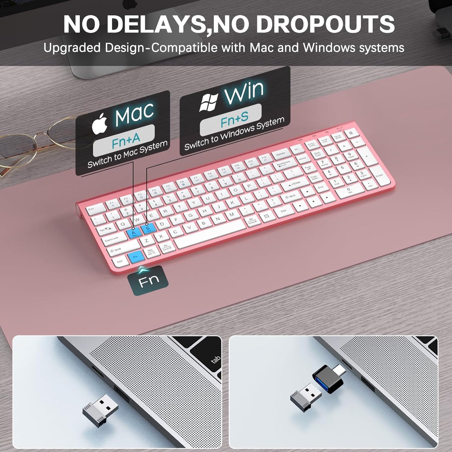 JOYACCESS Wireless Keyboards Keyboard USB & Type C 2-in-1 Receiver Pink NEW