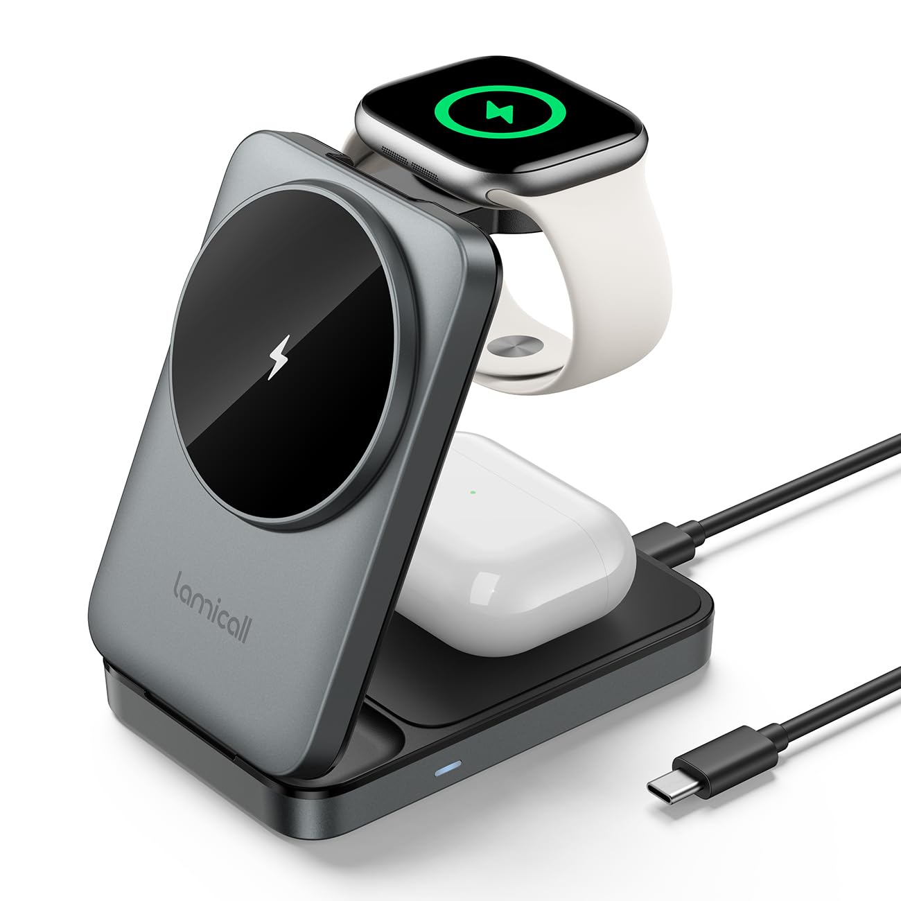 Lamicall 3-in-1 Wireless Charging Station Portable Induction Charger Grey DEMO
