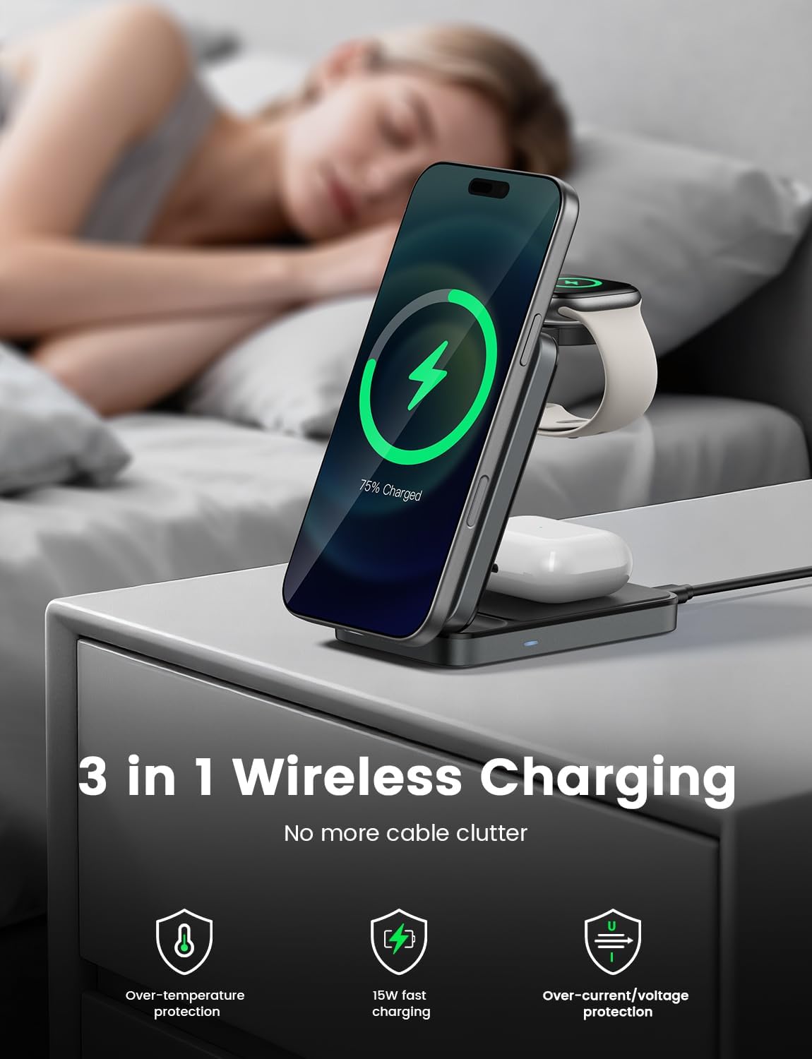 Lamicall 3-in-1 Wireless Charging Station Portable Induction Charger Grey DEMO