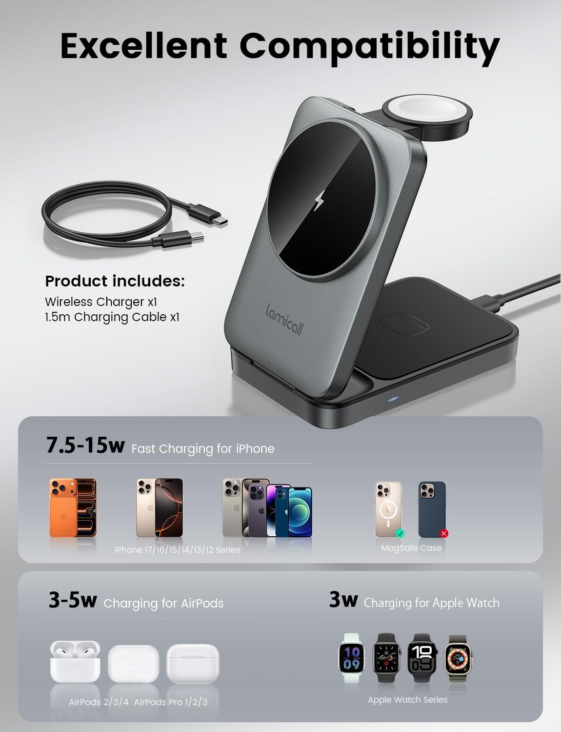 Lamicall 3-in-1 Wireless Charging Station Portable Induction Charger Grey DEMO