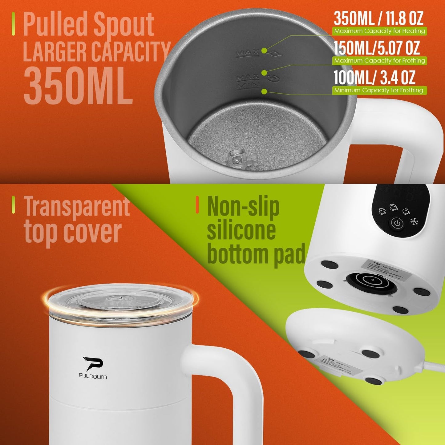 Puldoum 4-in-1 Automatic Electric Milk Frother and Steamer, White, Frothing NEW