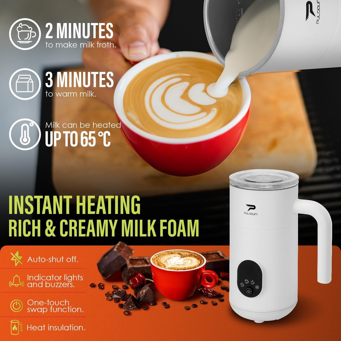 Puldoum 4-in-1 Automatic Electric Milk Frother and Steamer, White, Frothing NEW