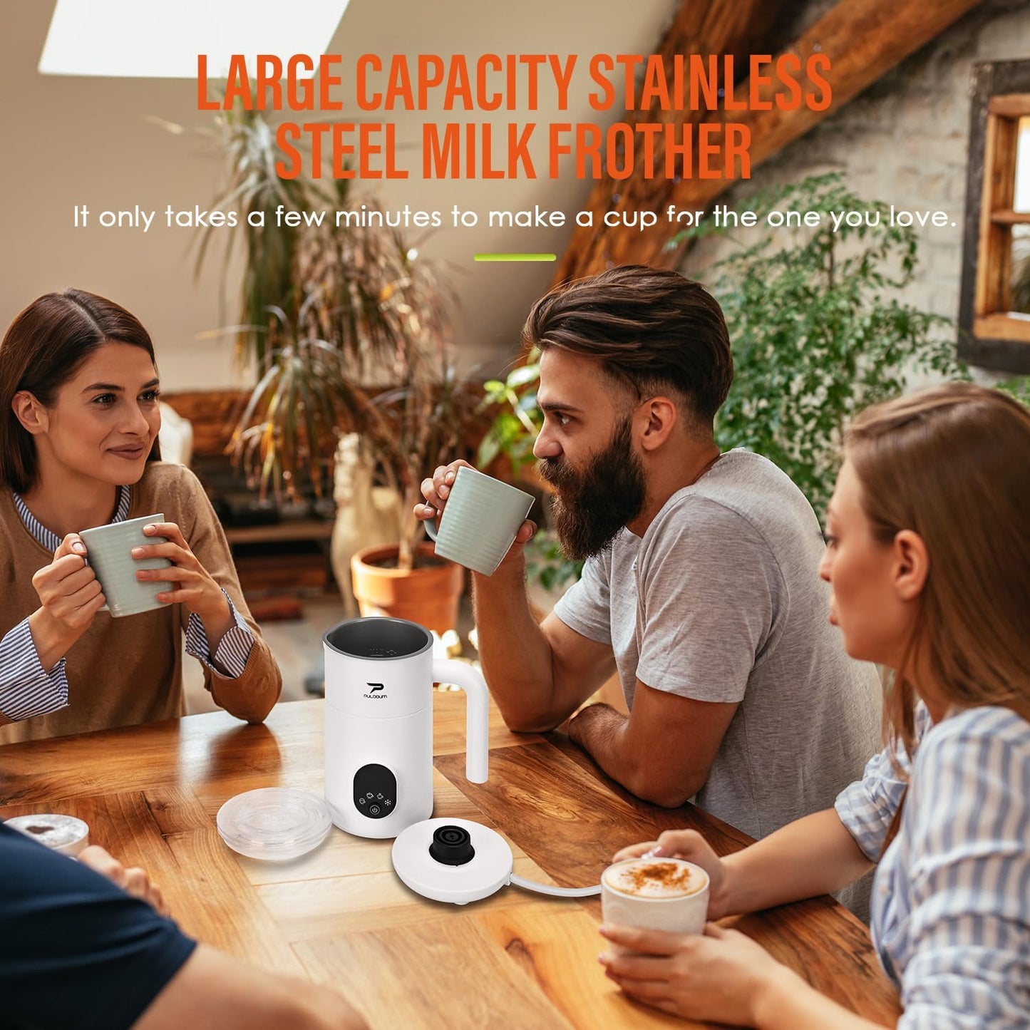 Puldoum 4-in-1 Automatic Electric Milk Frother and Steamer, White, Frothing NEW