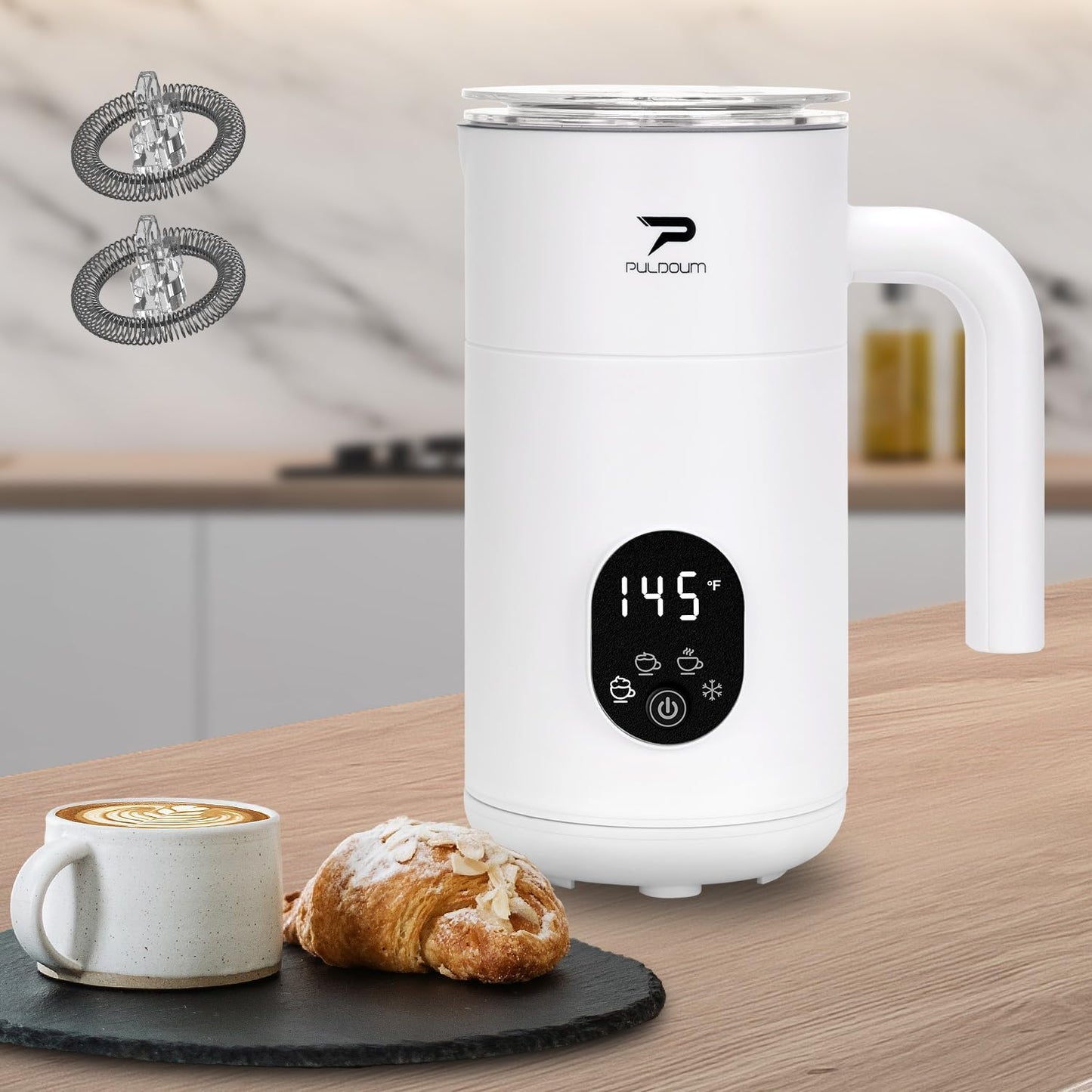 Puldoum 4-in-1 Automatic Electric Milk Frother and Steamer, White, Frothing NEW