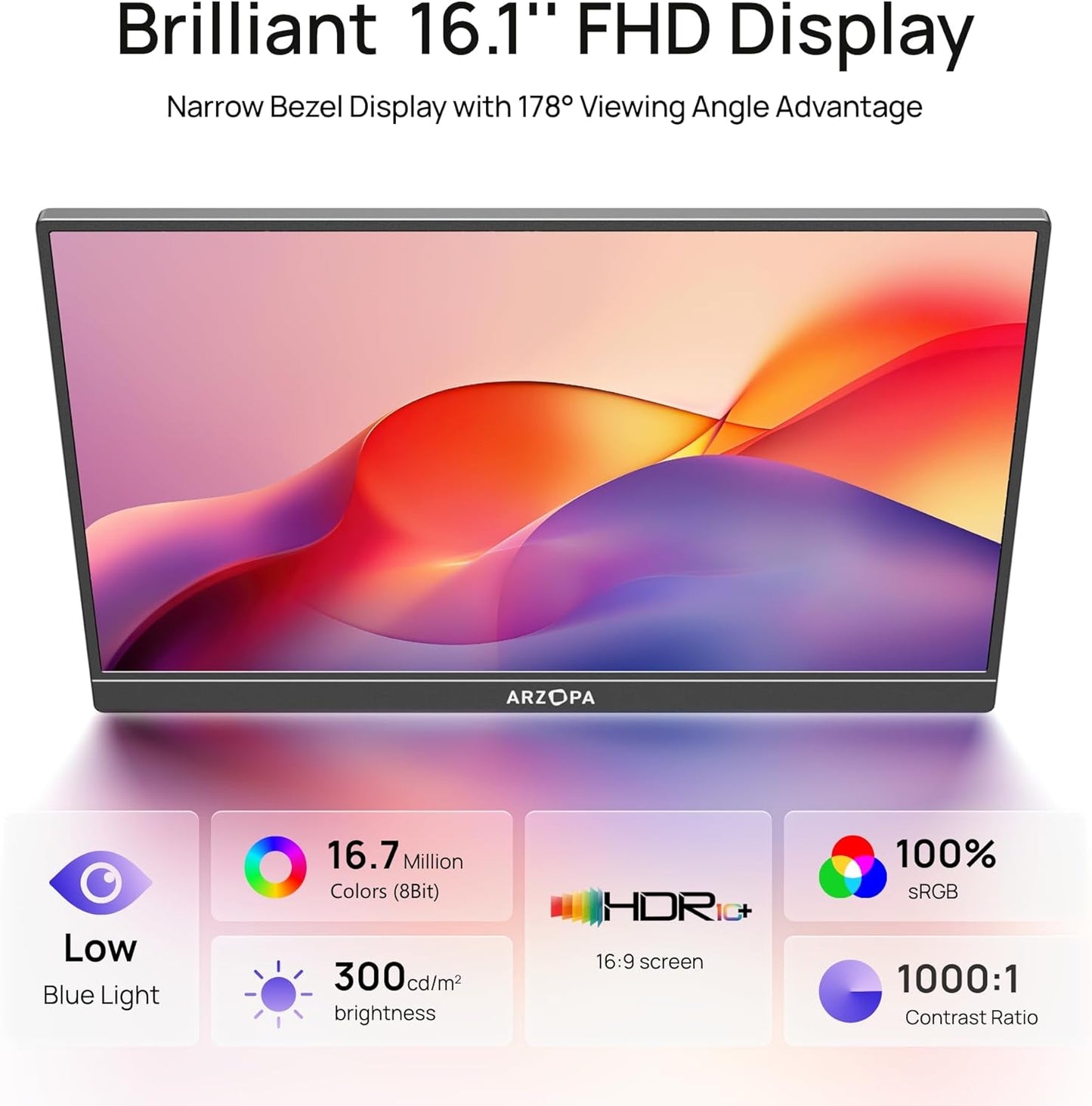 ARZOPA 16.1" Monitors FHD 1080P Portable Monitor with High Color Gamut and DEMO