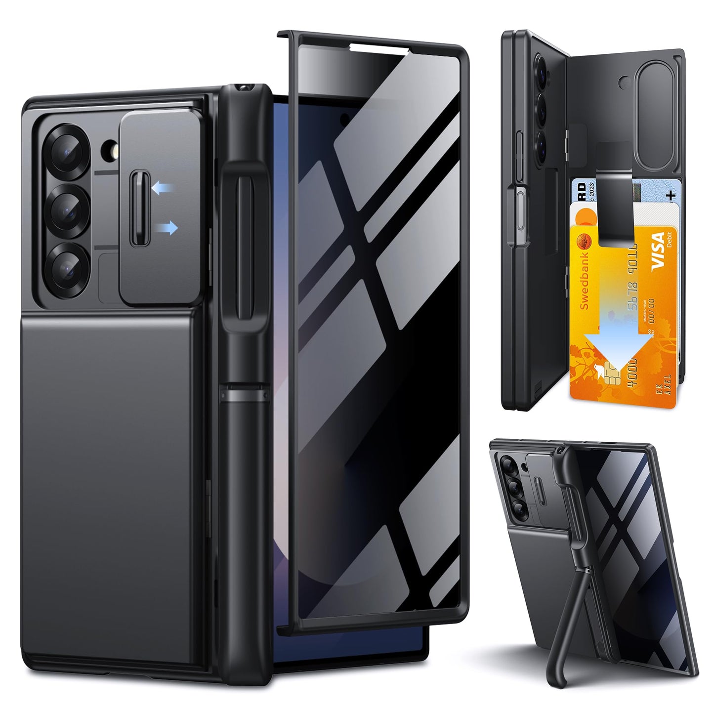 Tongate Basic Case for Galaxy Z Fold 6 with 2 Stands and 4-Card Holder Black