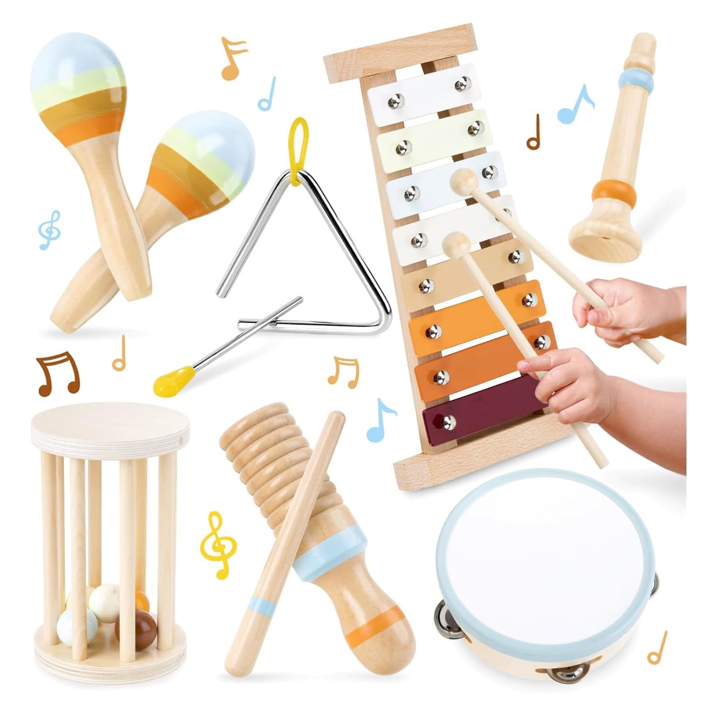 Uandhome 7-in-1 Wooden Percussion Musical Toy Instruments Set for Toddlers NEW