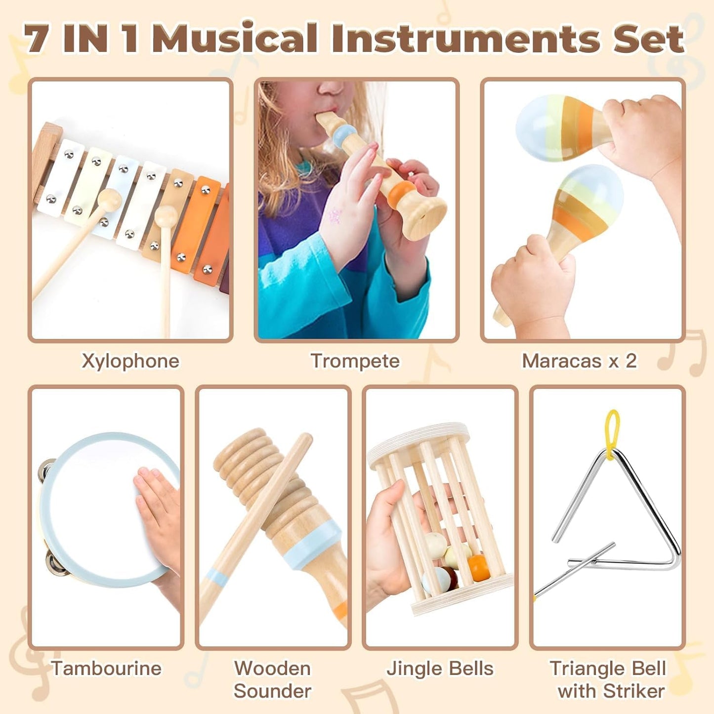 Uandhome 7-in-1 Wooden Percussion Musical Toy Instruments Set for Toddlers NEW