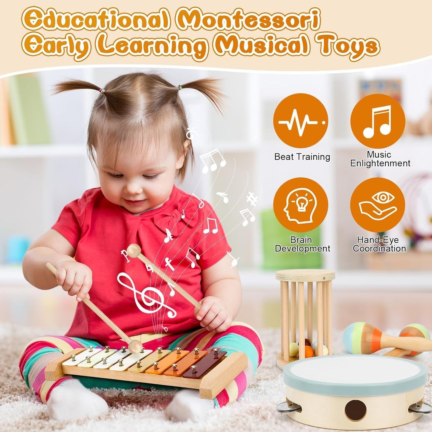 Uandhome 7-in-1 Wooden Percussion Musical Toy Instruments Set for Toddlers NEW