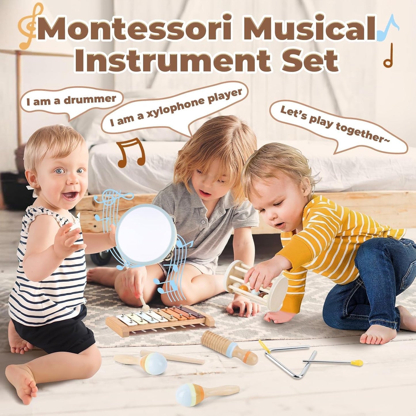 Uandhome 7-in-1 Wooden Percussion Musical Toy Instruments Set for Toddlers NEW