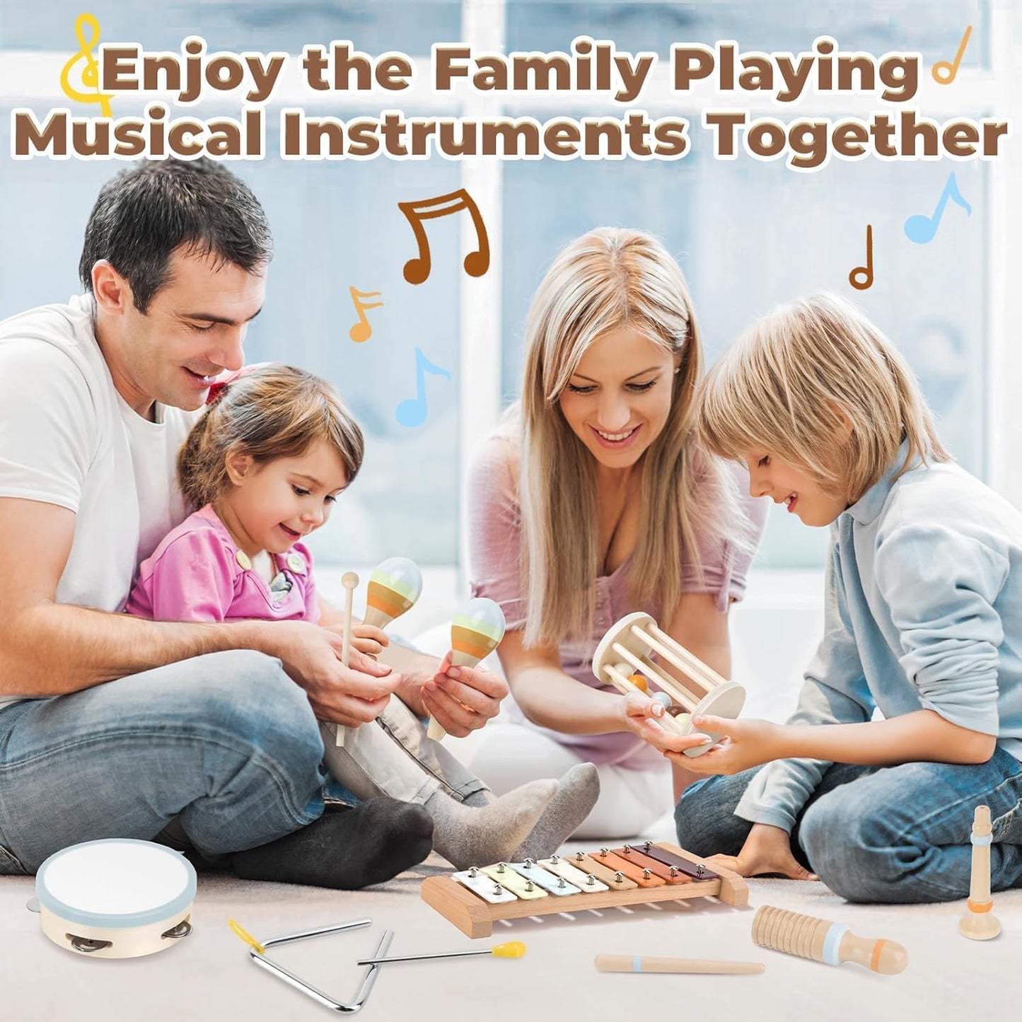 Uandhome 7-in-1 Wooden Percussion Musical Toy Instruments Set for Toddlers NEW