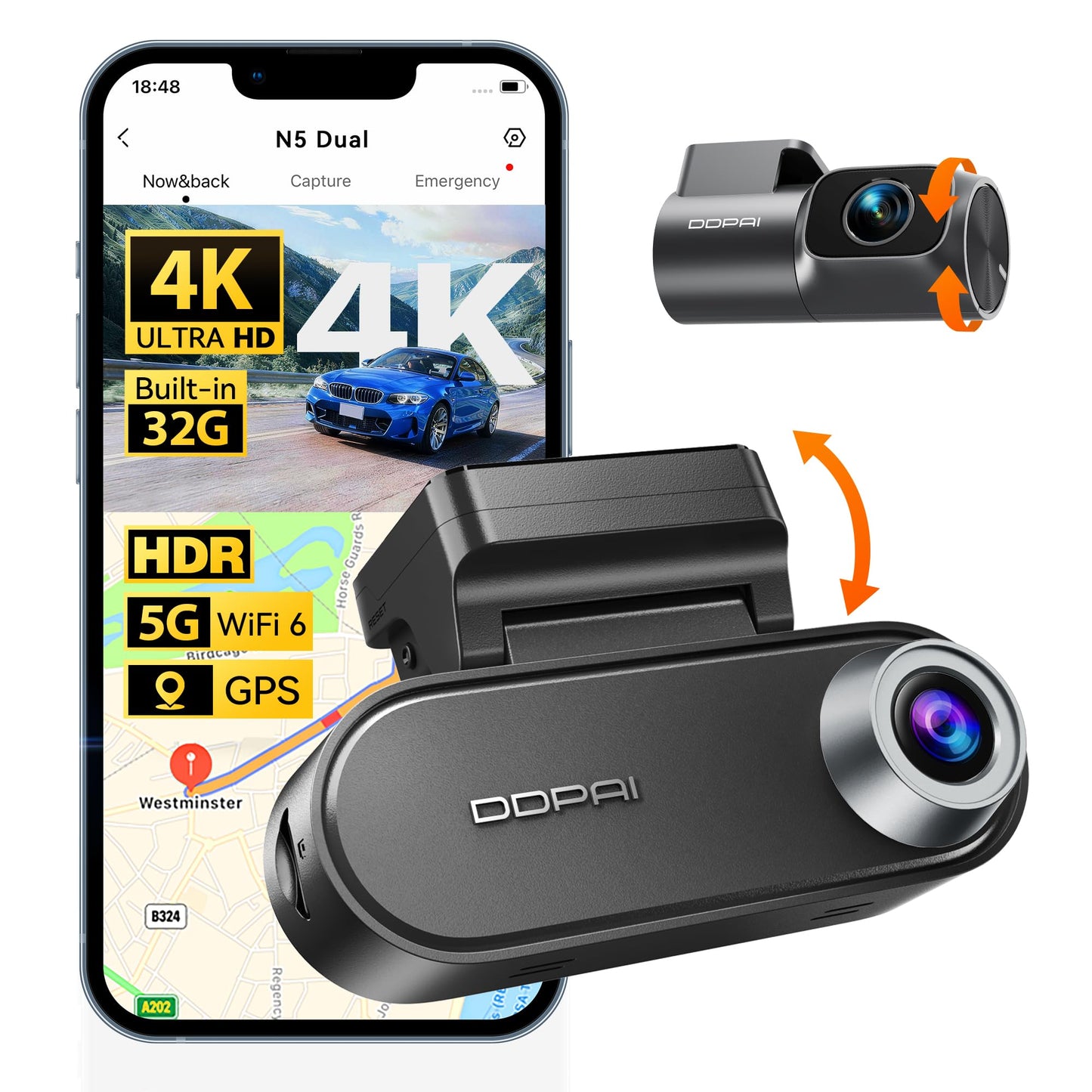 ddpai 4K Video Dual Dash Cam: Front & Rear 2160P+1080P, GPS, WiFi, for Cars NEW